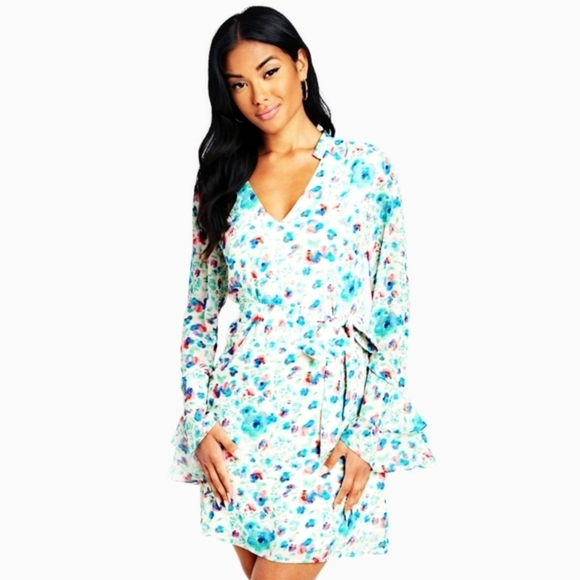 BEBE ✦ Floral Chiffon Mini Dress ✦ Tiered Ruffle Sleeve Open Back Sz S NWT - Picture 3 of 11